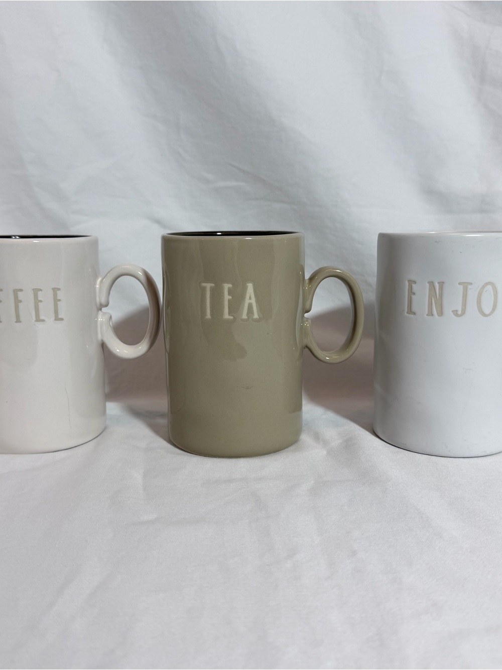 3x Rae Dunn Artisan Collection by Magenta Enjoy Tea Coffee Mugs Cups White Tan